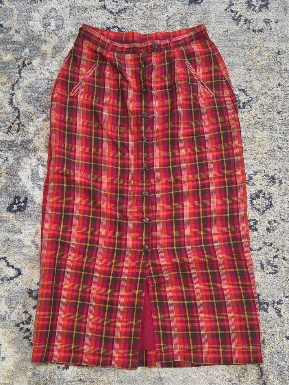 Vintage 1970s Cambridge Dry Goods Red Plaid Button-Front Midi Skirt